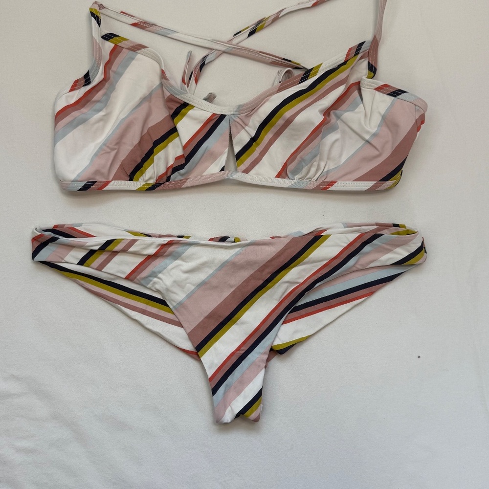 Roxy Striped Bikini Set Medium Cross Back Tie Top… - image 1